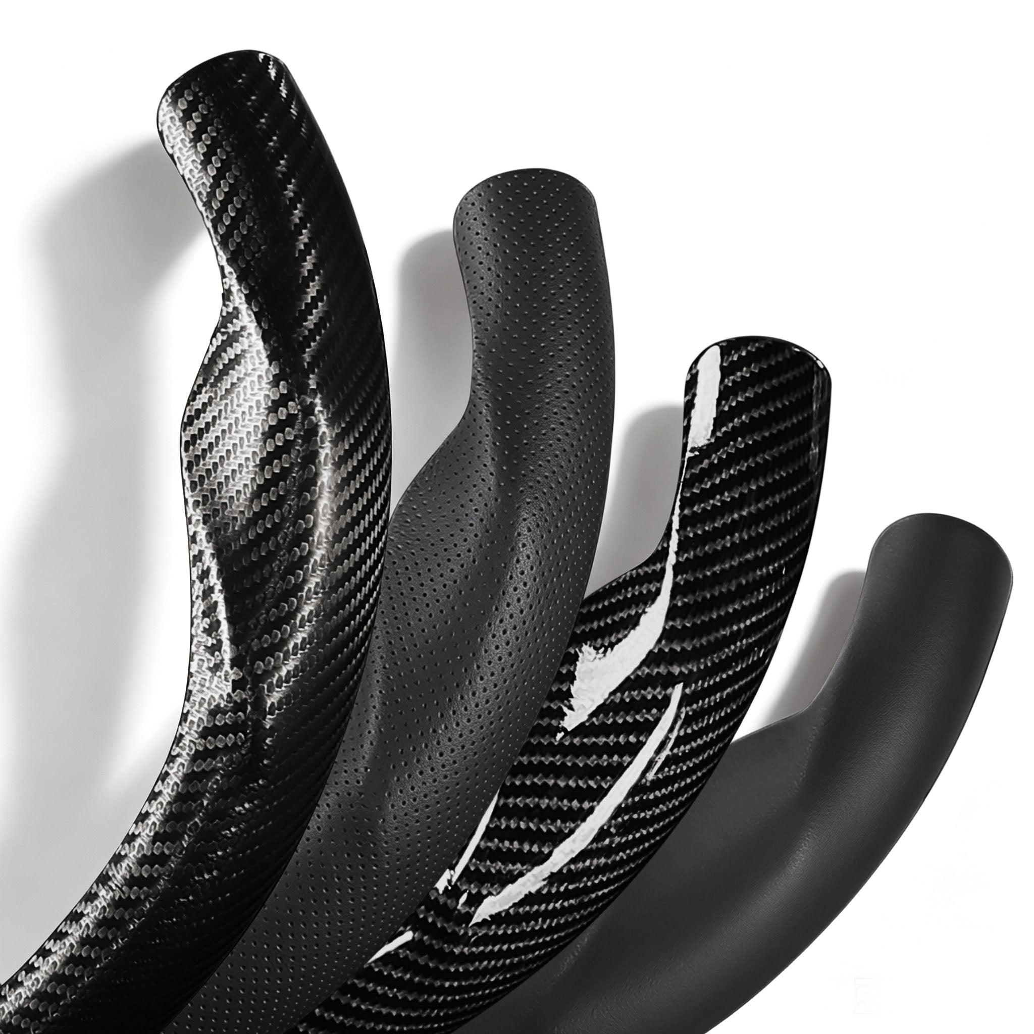 Close-up comparison of black leather and black carbon-fiber-style 3-piece steering wheel cover finishes for Honda Civic 2016-2021 & Clarity 2018-2021#color=black