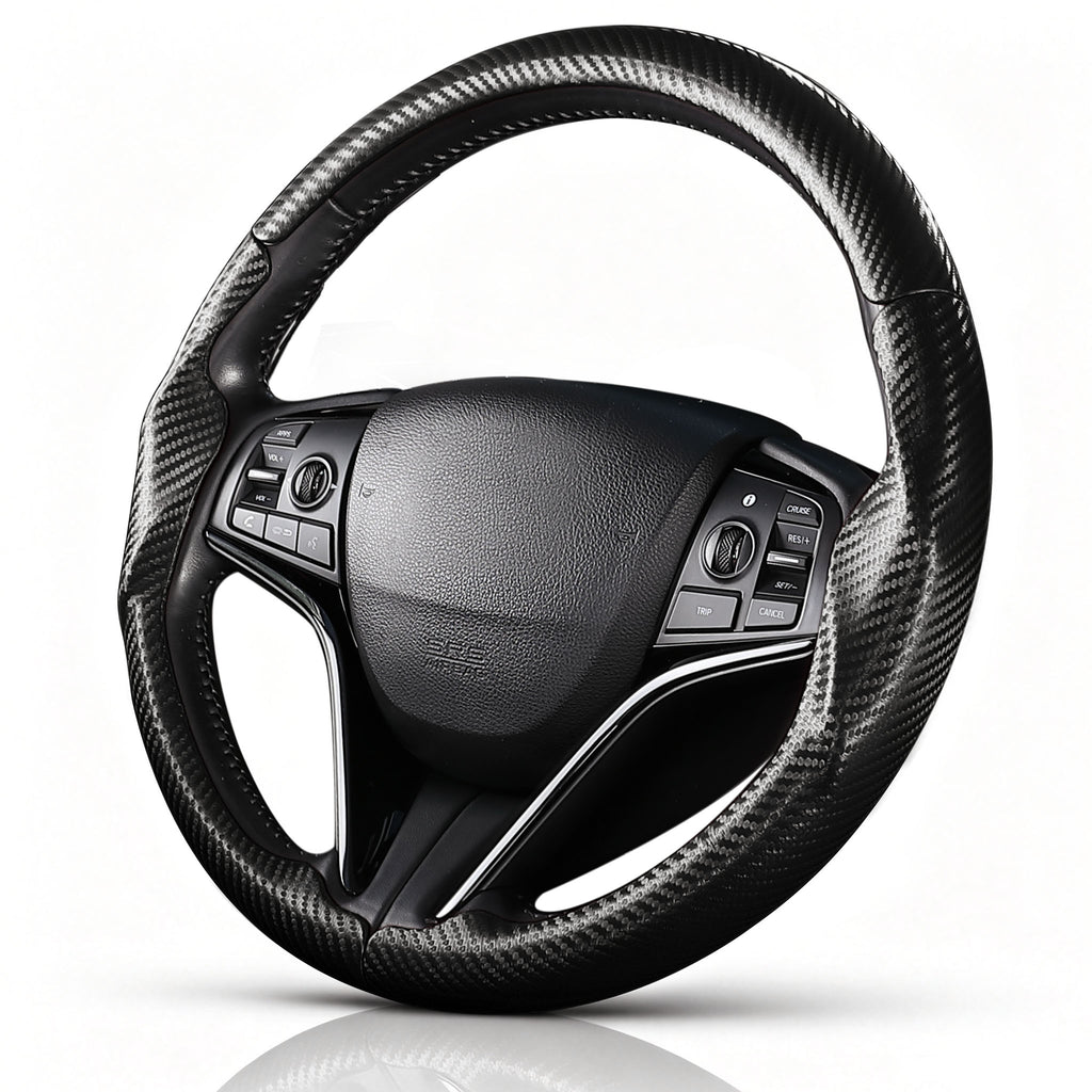 Angled front view of matte black carbon-fiber-style 3-piece steering wheel cover for Honda Civic 2016-2021 & Clarity 2018-2021#color=matte black