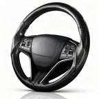 Angled front view of matte black carbon-fiber-style 3-piece steering wheel cover for Honda Civic 2016-2021 & Clarity 2018-2021#color=matte black
