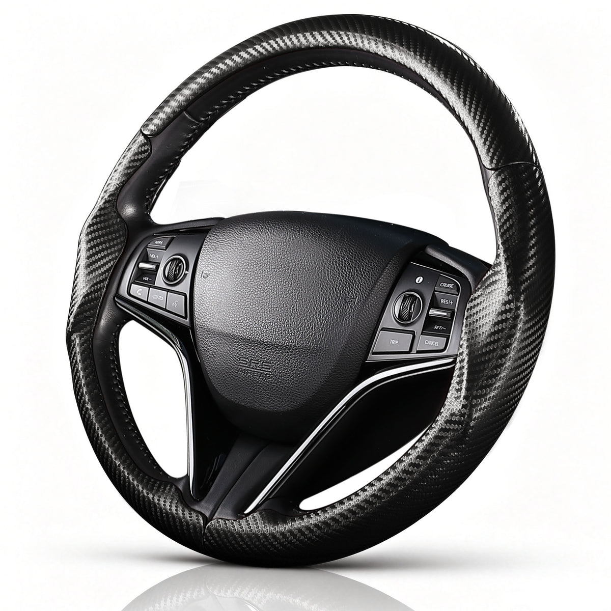 Angled front view of matte black carbon-fiber-style 3-piece steering wheel cover for Honda Civic 2016-2021 & Clarity 2018-2021#color=matte black