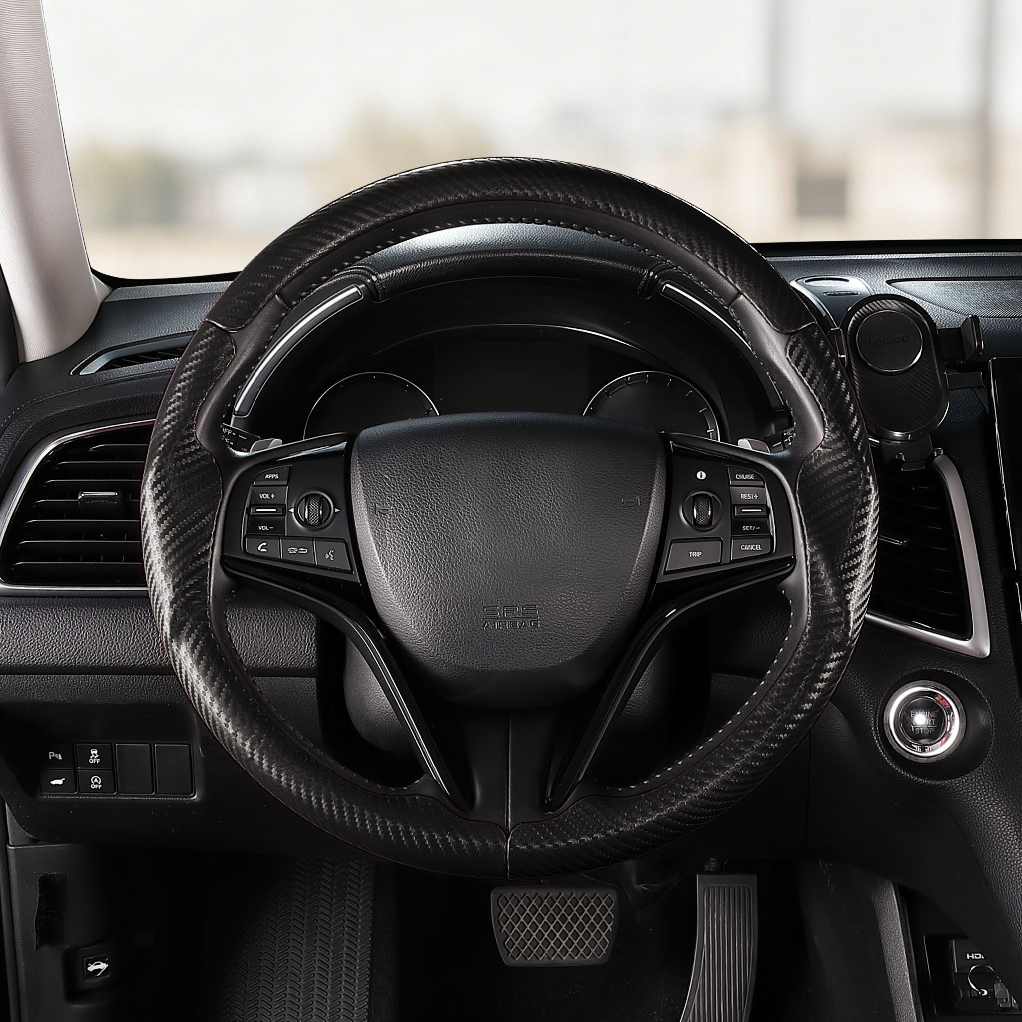 Front installed view of matte black carbon-fiber-style 3-piece steering wheel cover for Honda Civic 2016-2021