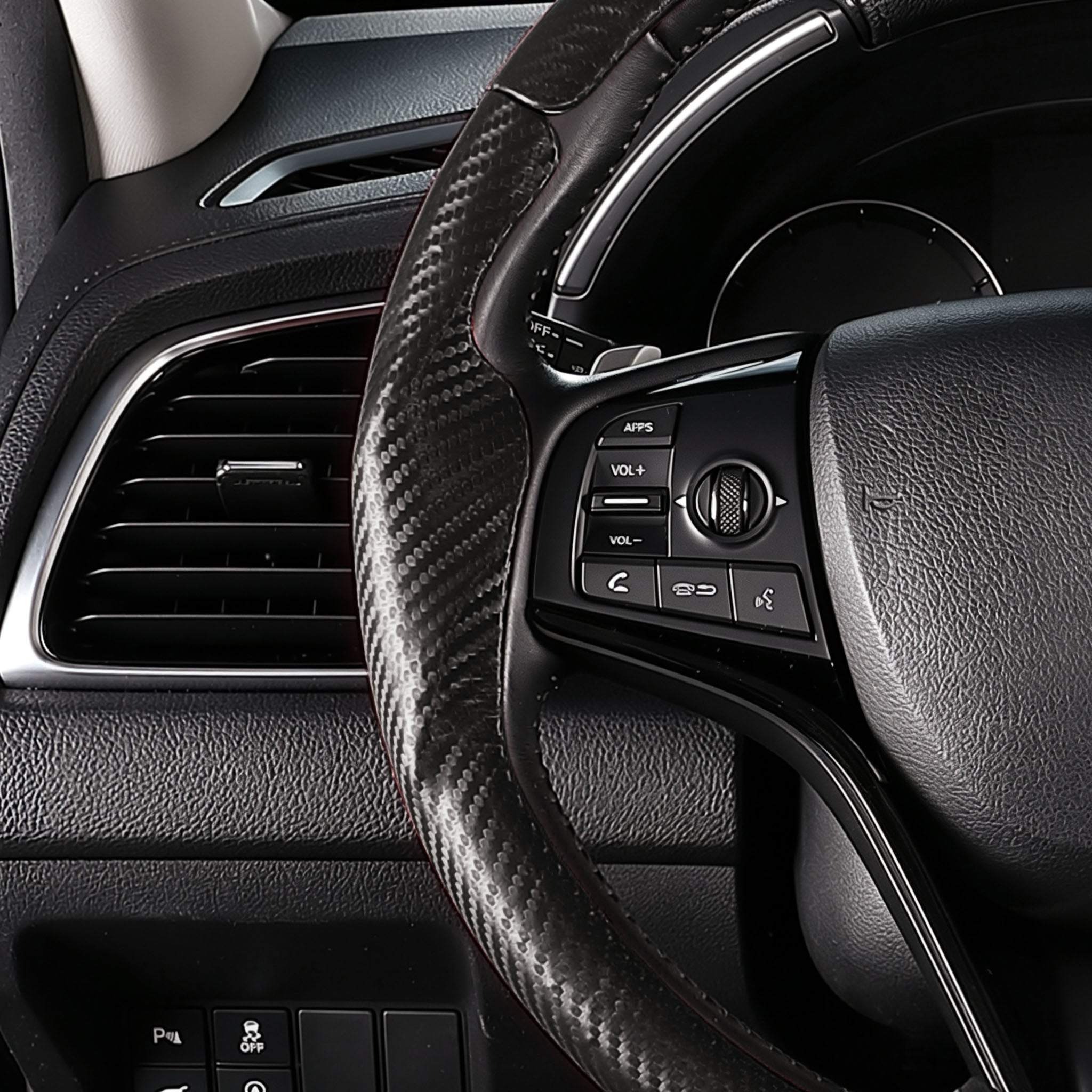 Close-up of a matte black carbon-fiber-style 3-piece steering wheel cover for Ford Honda Civic 2016-2021, showing its ergonomic 3D contours and precise custom fit