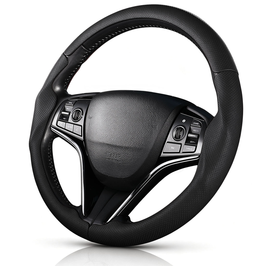 Angled front view of black perforated leather 3-piece steering wheel cover for Honda Civic 2016-2021 & Clarity 2018-2021#color=black perforated leather