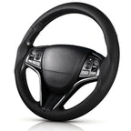 Angled front view of black perforated leather 3-piece steering wheel cover for Honda Civic 2016-2021 & Clarity 2018-2021#color=black perforated leather
