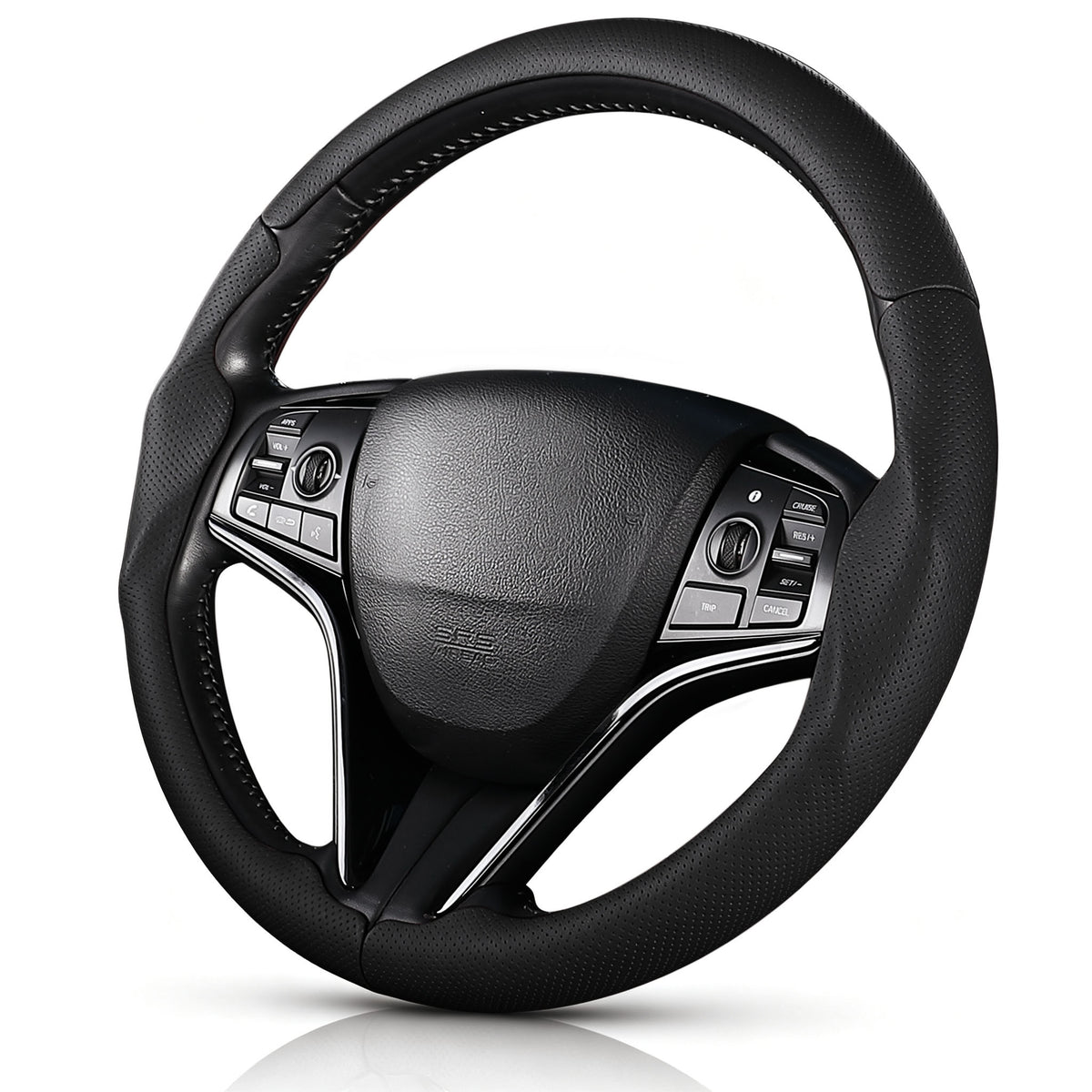 Angled front view of black perforated leather 3-piece steering wheel cover for Honda Civic 2016-2021 & Clarity 2018-2021#color=black perforated leather