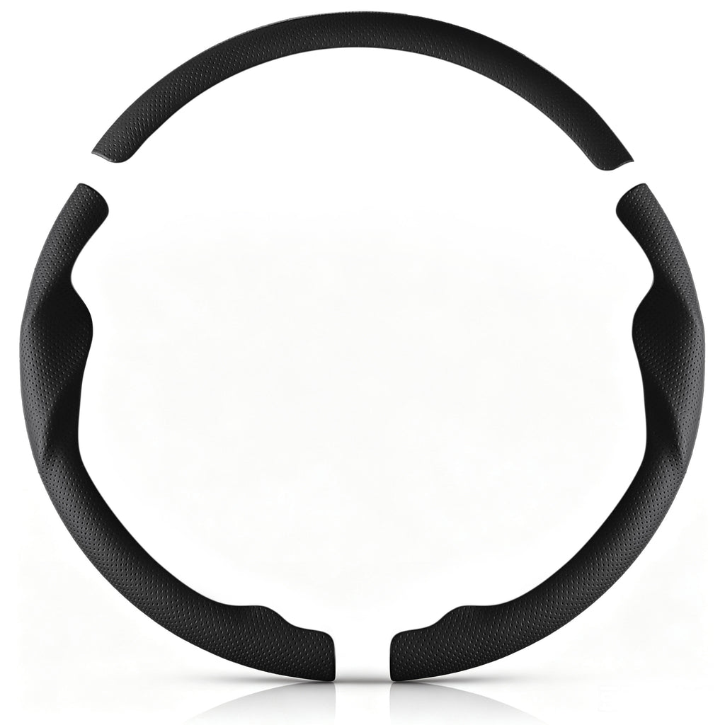 Front view of a black perforated leather 3-piece steering wheel cover set for Honda Civic 2016-2021 & Clarity 2018-2021#color=black perforated leather