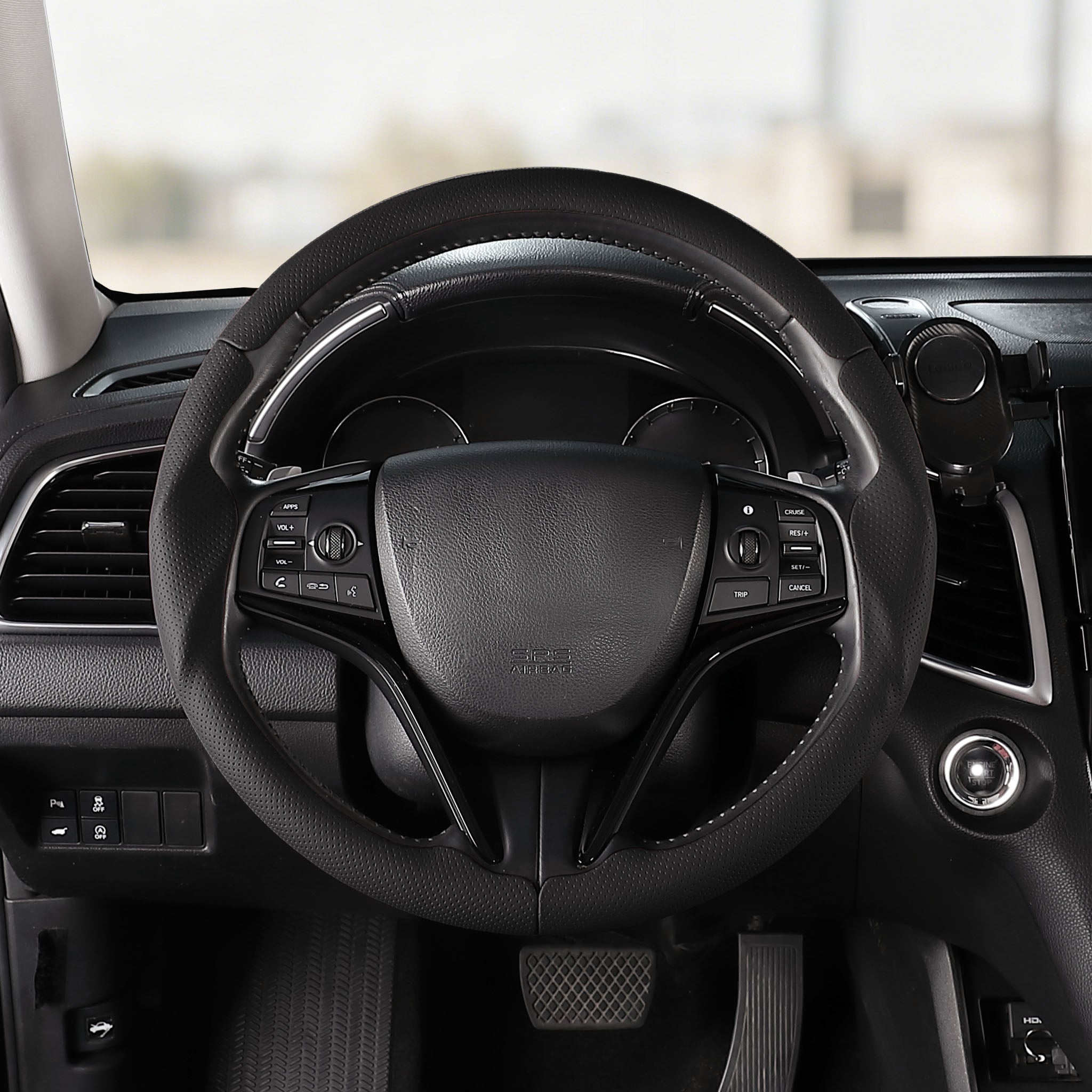 Front installed view of black perforated leather 3-piece steering wheel cover for Honda Civic 2016-2021