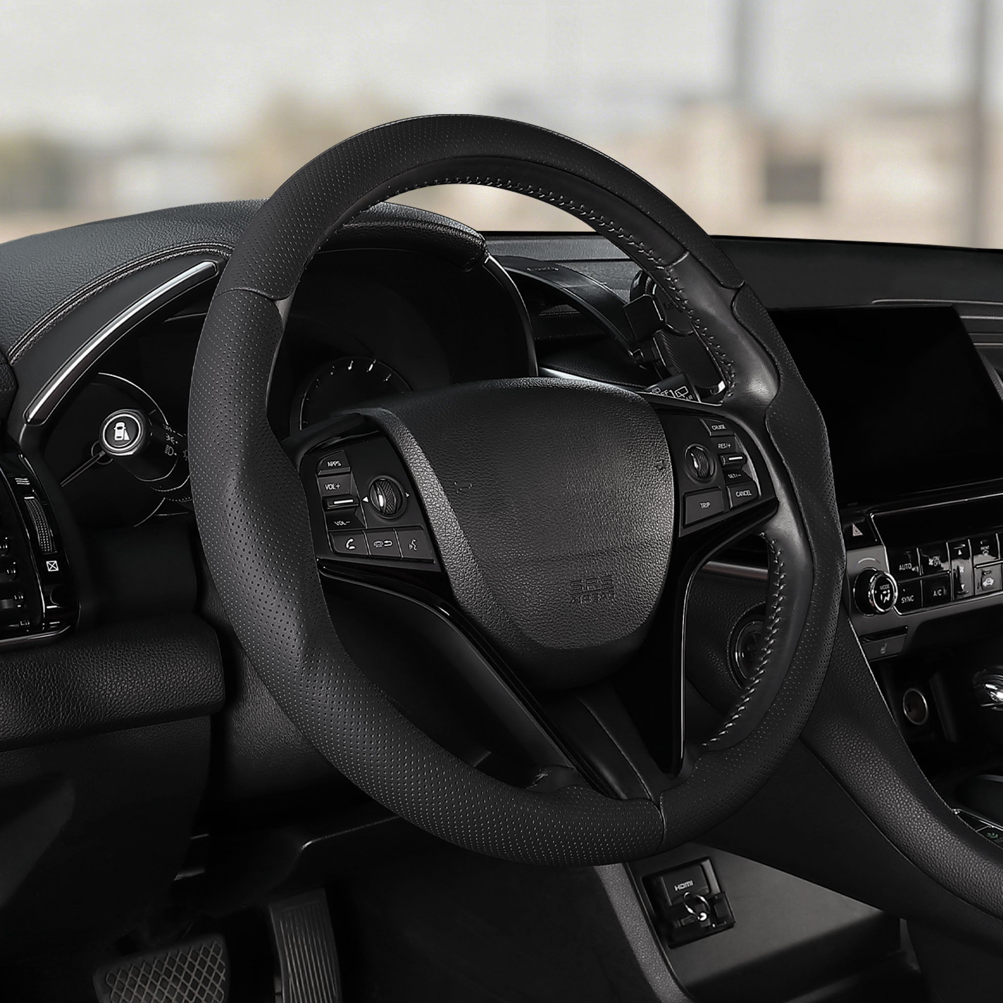 Cockpit view of black perforated leather 3-piece steering wheel cover for Honda Civic 2016-2021