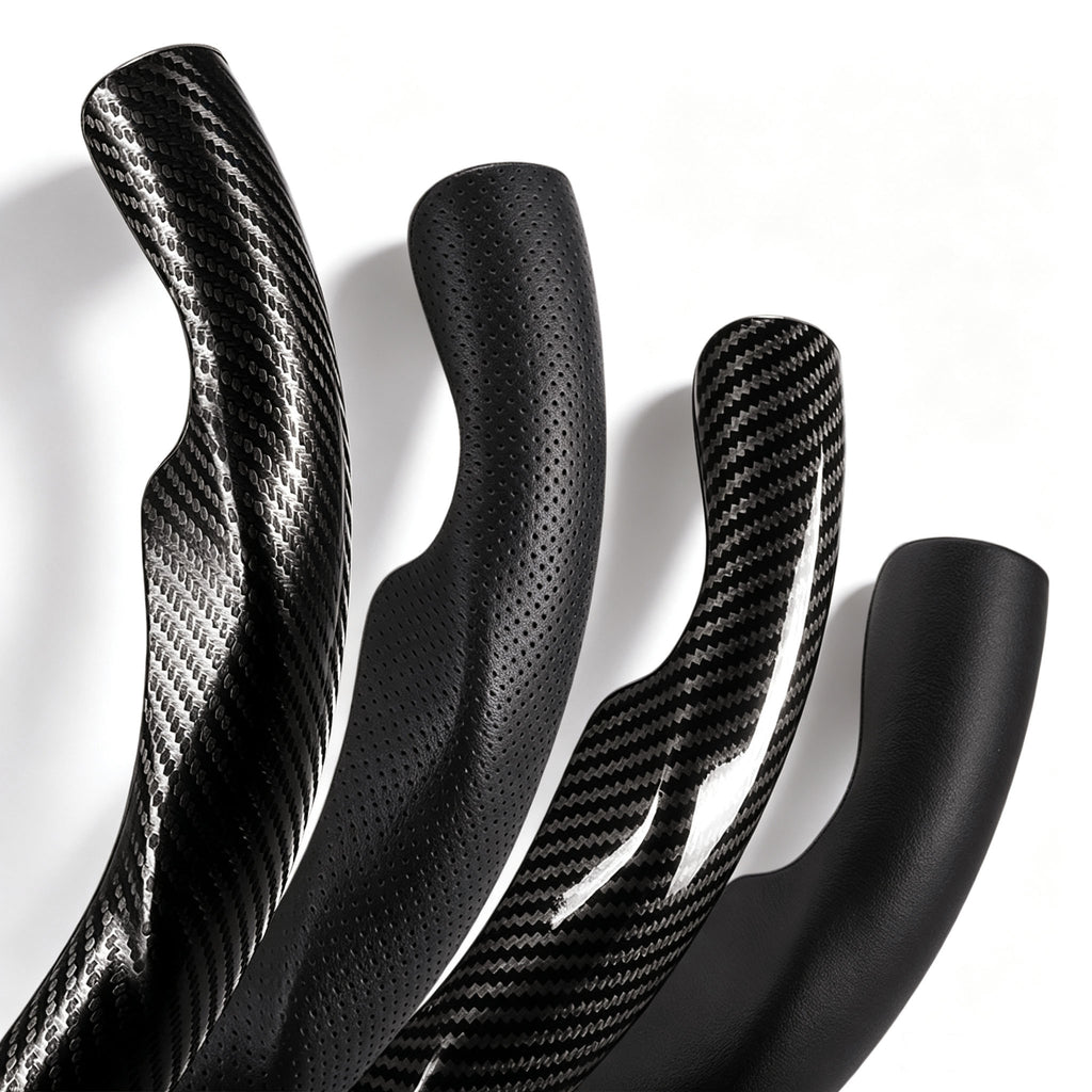 Close-up comparison of black leather and black carbon-fiber-style 3-piece steering wheel cover finishes for Jeep Wrangler 2018-2026#color=black
