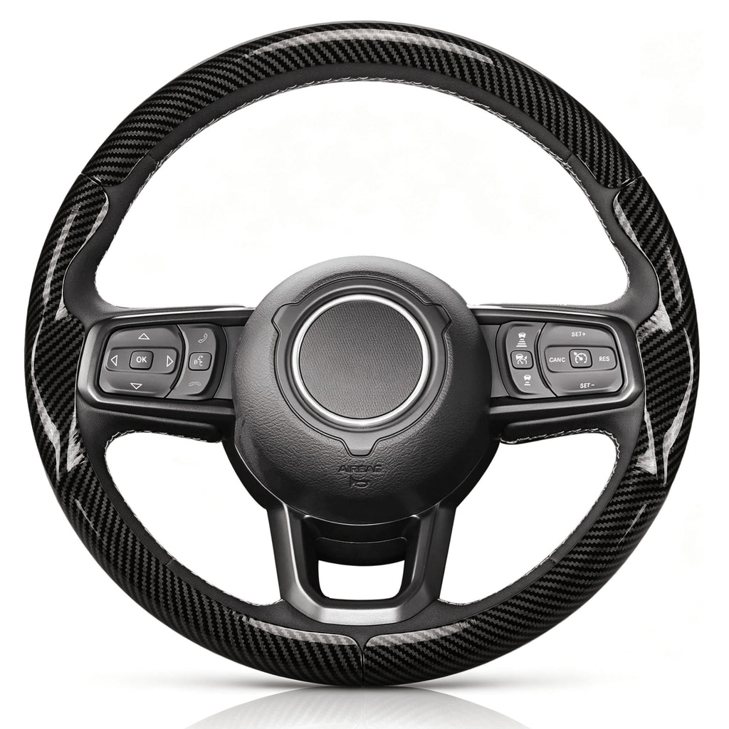 Front view of glossy black carbon-fiber-style 3-piece steering wheel cover for Jeep Wrangler 2018-2026#color=glossy black