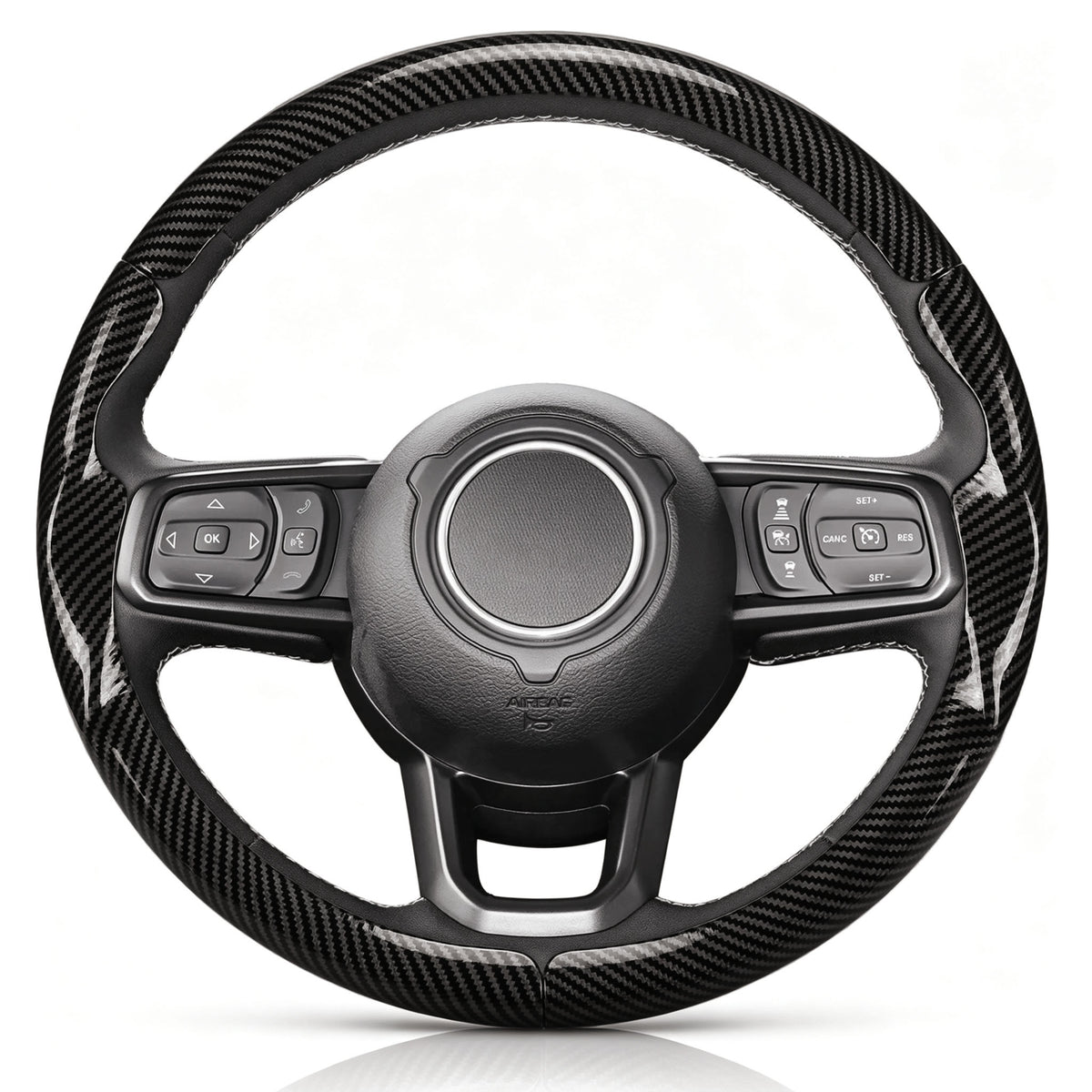 Front view of glossy black carbon-fiber-style 3-piece steering wheel cover for Jeep Wrangler 2018-2026#color=glossy black