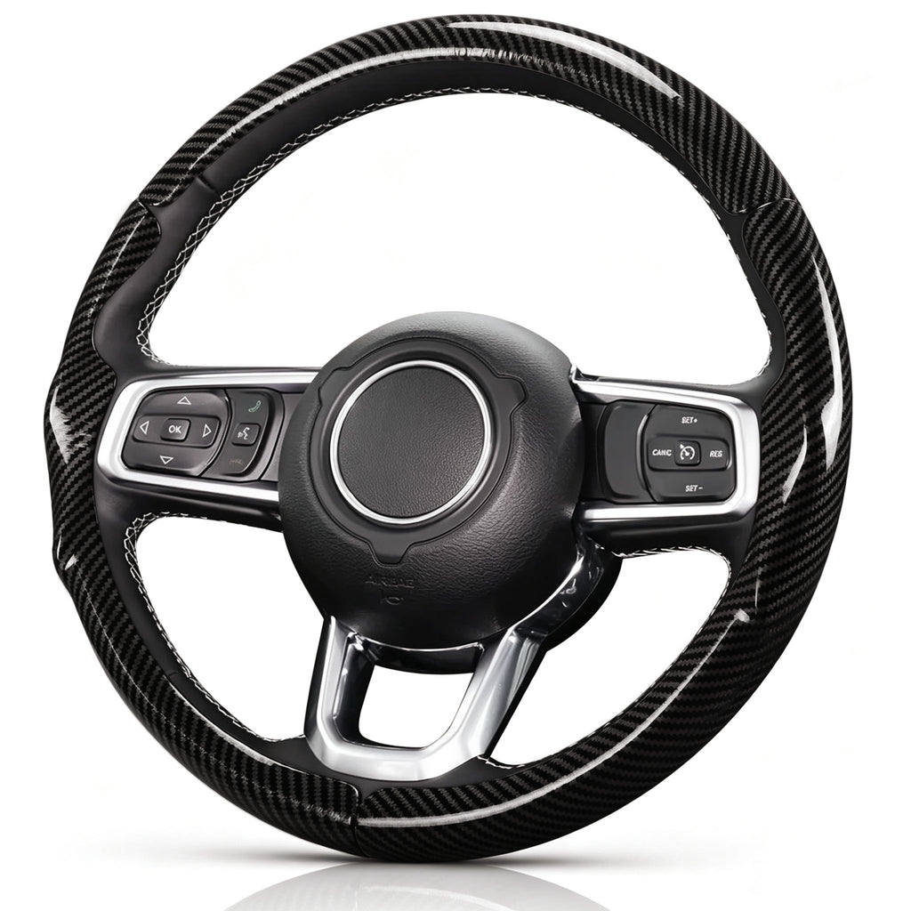 Angled front view of glossy black carbon-fiber-style 3-piece steering wheel cover for Jeep Wrangler 2018-2026#color=glossy black