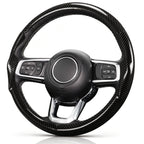 Angled front view of glossy black carbon-fiber-style 3-piece steering wheel cover for Jeep Wrangler 2018-2026#color=glossy black