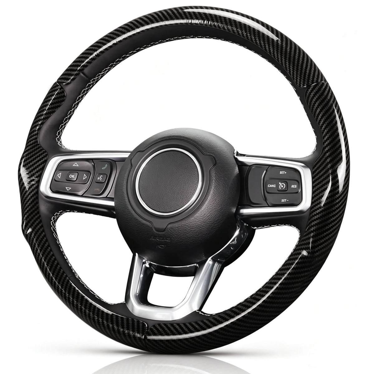 Angled front view of glossy black carbon-fiber-style 3-piece steering wheel cover for Jeep Wrangler 2018-2026#color=glossy black