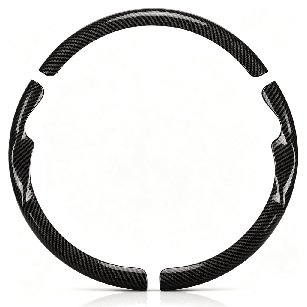 Front view of a glossy black carbon-fiber-style 3-piece steering wheel cover set for Jeep Wrangler 2018-2026#color=glossy black