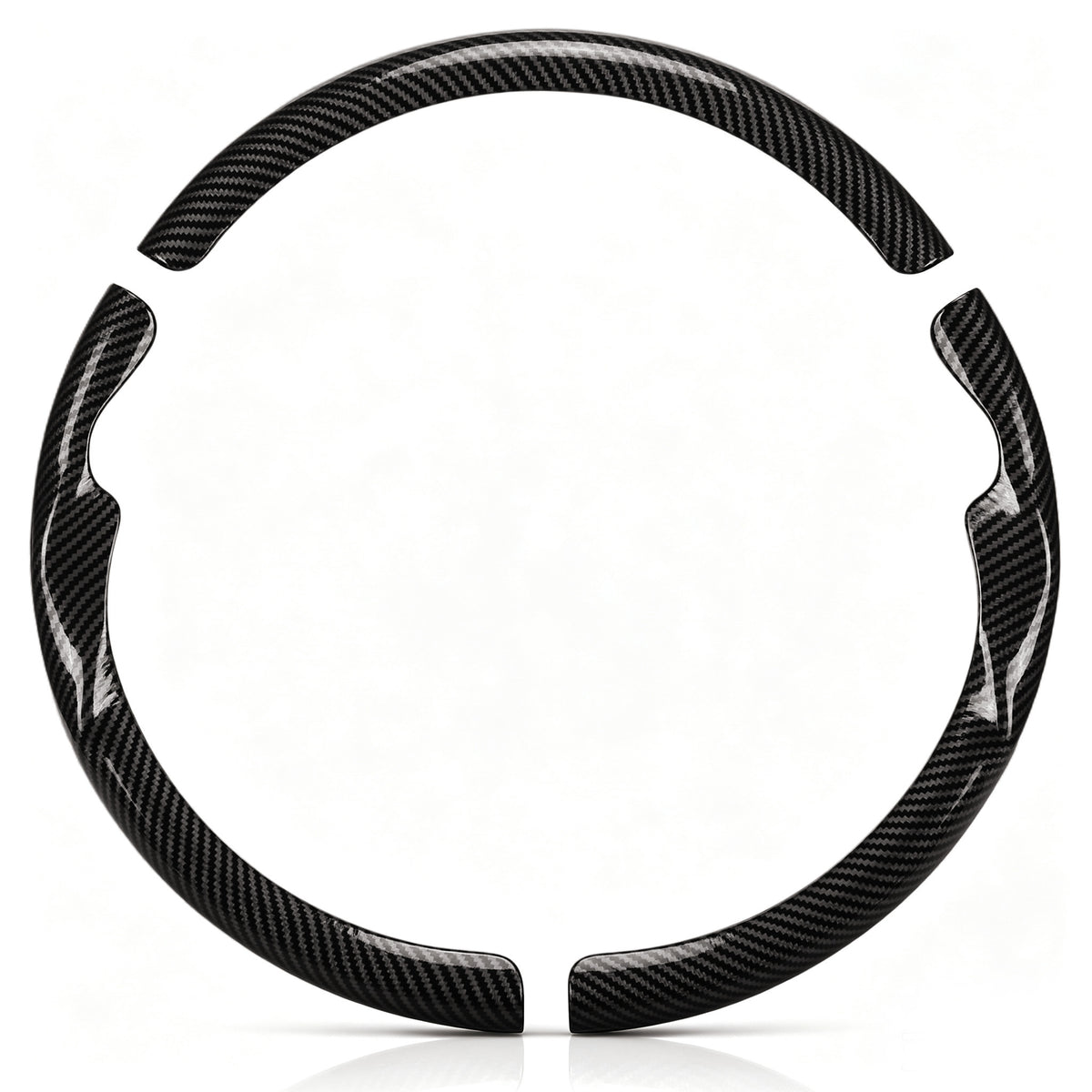 Front view of a glossy black carbon-fiber-style 3-piece steering wheel cover set for Jeep Wrangler 2018-2026#color=glossy black