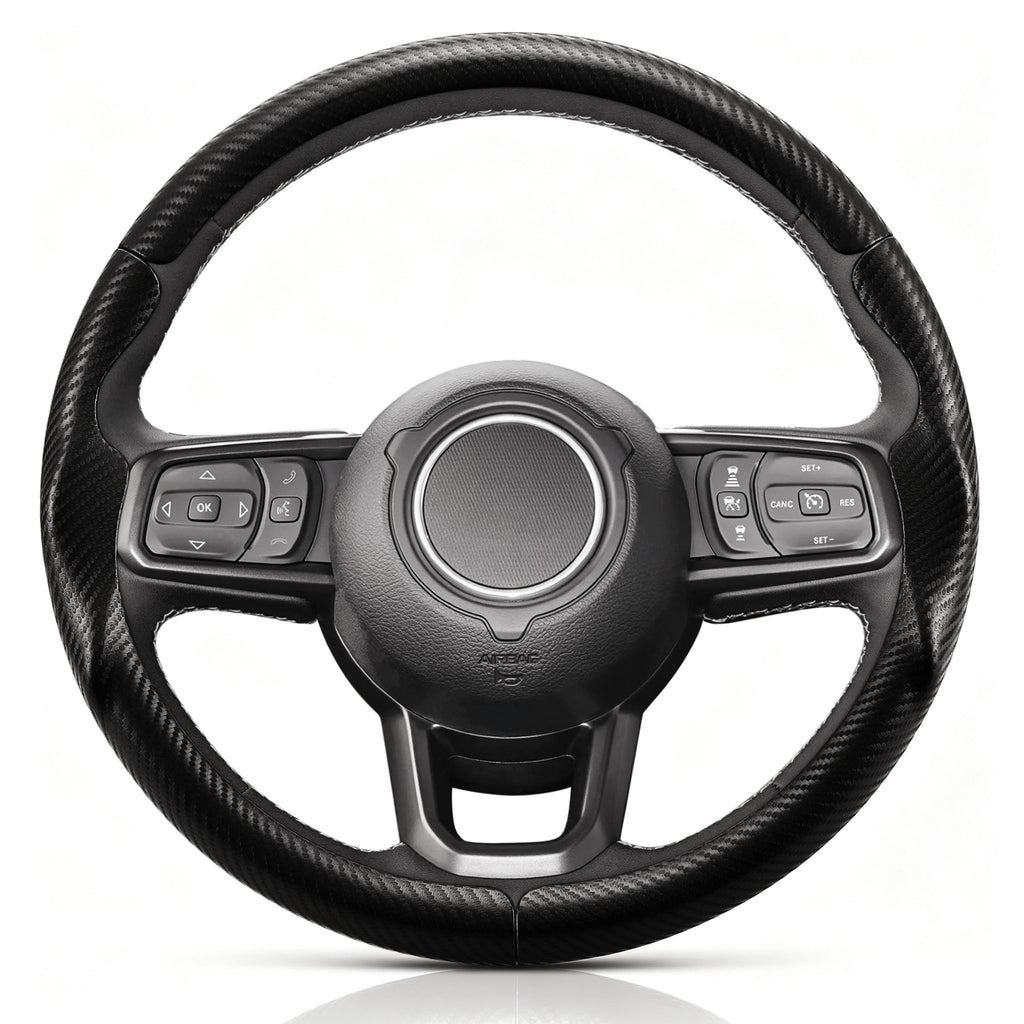 Front view of matte black carbon-fiber-style 3-piece steering wheel cover for Jeep Wrangler 2018-2026#color=matte black