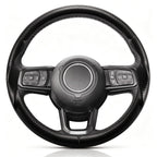 Front view of matte black carbon-fiber-style 3-piece steering wheel cover for Jeep Wrangler 2018-2026#color=matte black