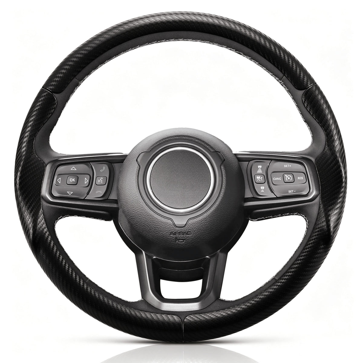 Front view of matte black carbon-fiber-style 3-piece steering wheel cover for Jeep Wrangler 2018-2026#color=matte black