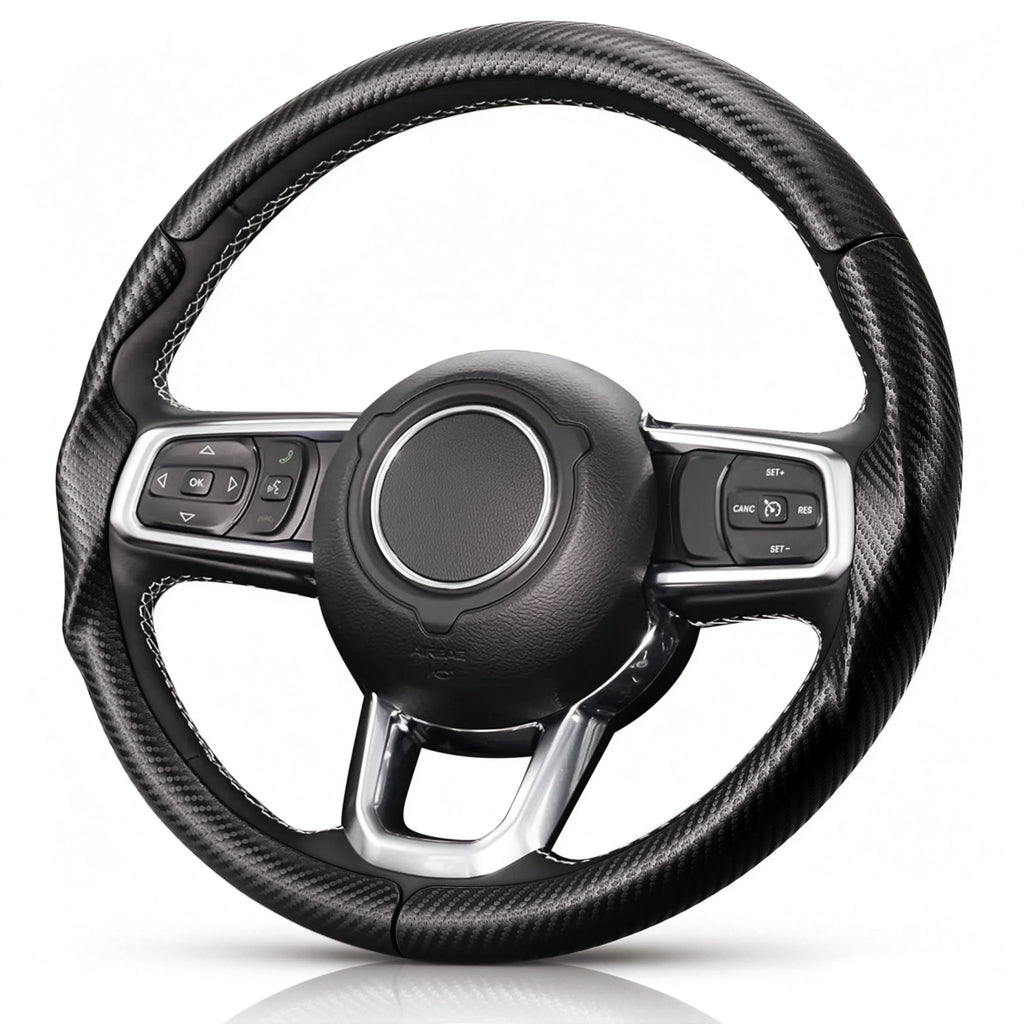 Angled front view of matte black carbon-fiber-style 3-piece steering wheel cover for Jeep Wrangler 2018-2026#color=matte black