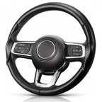 Angled front view of matte black carbon-fiber-style 3-piece steering wheel cover for Jeep Wrangler 2018-2026#color=matte black