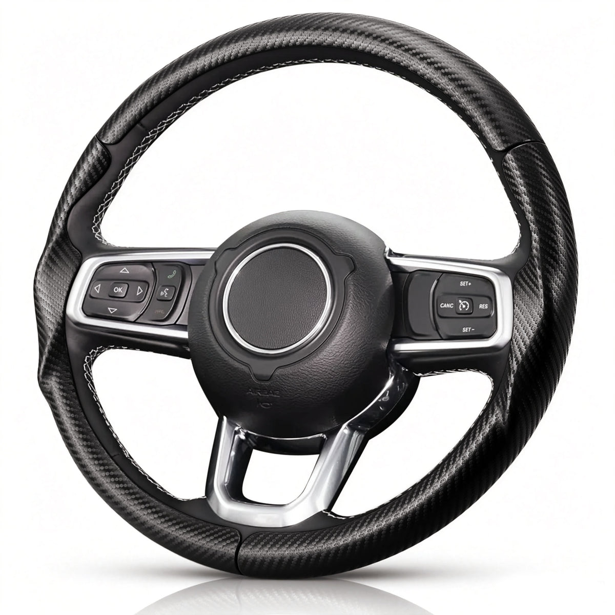 Angled front view of matte black carbon-fiber-style 3-piece steering wheel cover for Jeep Wrangler 2018-2026#color=matte black
