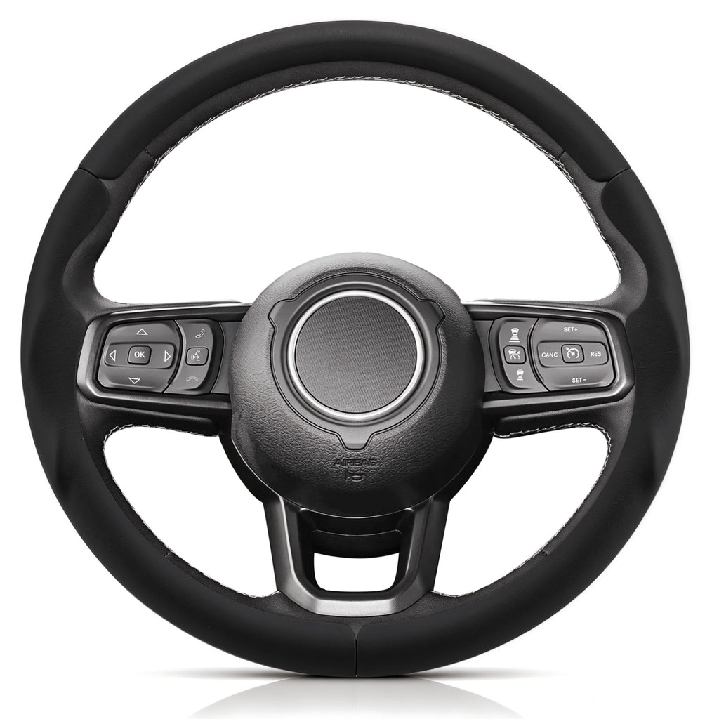 Front view of black leather 3-piece steering wheel cover for Jeep Wrangler 2018-2026#color=black leather