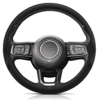 Front view of black leather 3-piece steering wheel cover for Jeep Wrangler 2018-2026#color=black leather