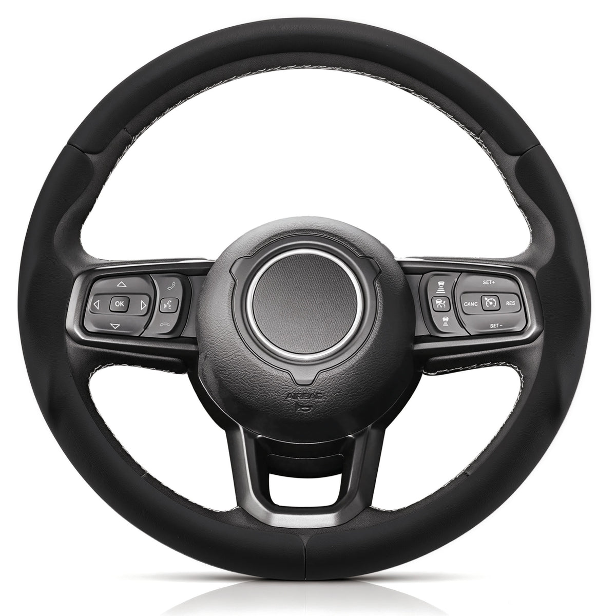Front view of black leather 3-piece steering wheel cover for Jeep Wrangler 2018-2026#color=black leather