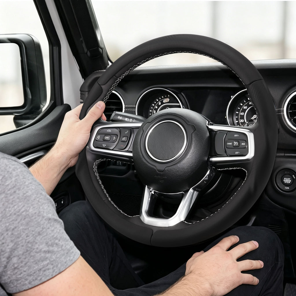 Installed view of black leather 3-piece steering wheel cover for Jeep Wrangler 2018-2026 with driver holding the wheel#color=black leather