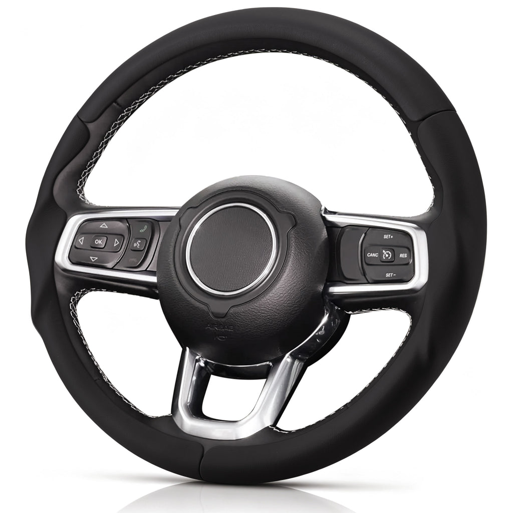 Angled front view of black leather 3-piece steering wheel cover for Jeep Wrangler 2018-2026#color=black leather