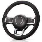 Angled front view of black leather 3-piece steering wheel cover for Jeep Wrangler 2018-2026#color=black leather
