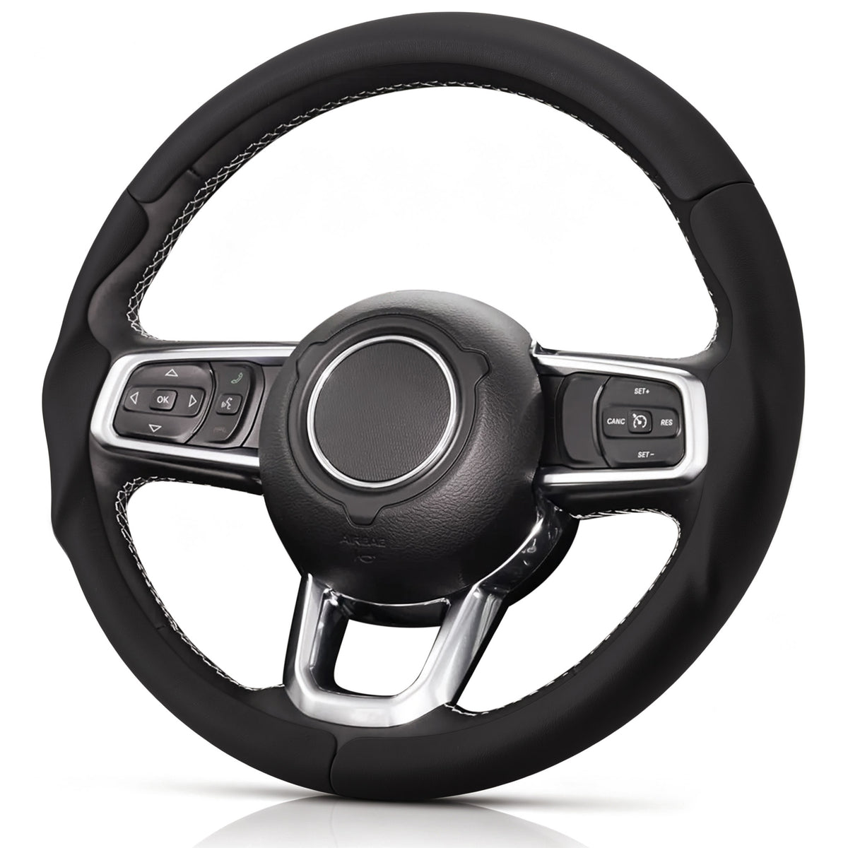 Angled front view of black leather 3-piece steering wheel cover for Jeep Wrangler 2018-2026#color=black leather