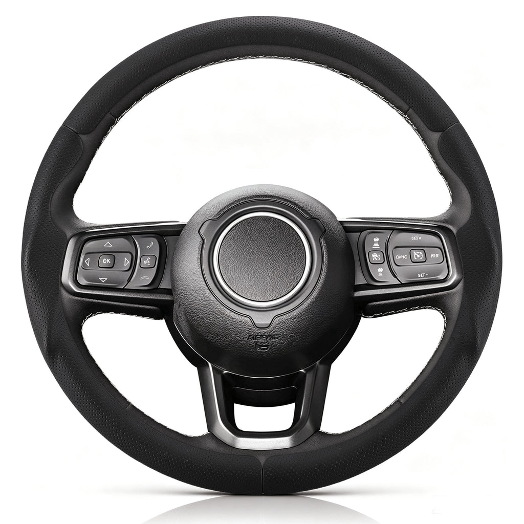 Front view of black perforated leather 3-piece steering wheel cover for Jeep Wrangler 2018-2026#color=black perforated leather