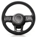 Front view of black perforated leather 3-piece steering wheel cover for Jeep Wrangler 2018-2026#color=black perforated leather