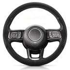 Front view of black perforated leather 3-piece steering wheel cover for Jeep Wrangler 2018-2026#color=black perforated leather