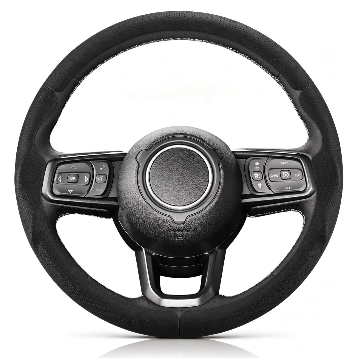 Front view of black perforated leather 3-piece steering wheel cover for Jeep Wrangler 2018-2026#color=black perforated leather