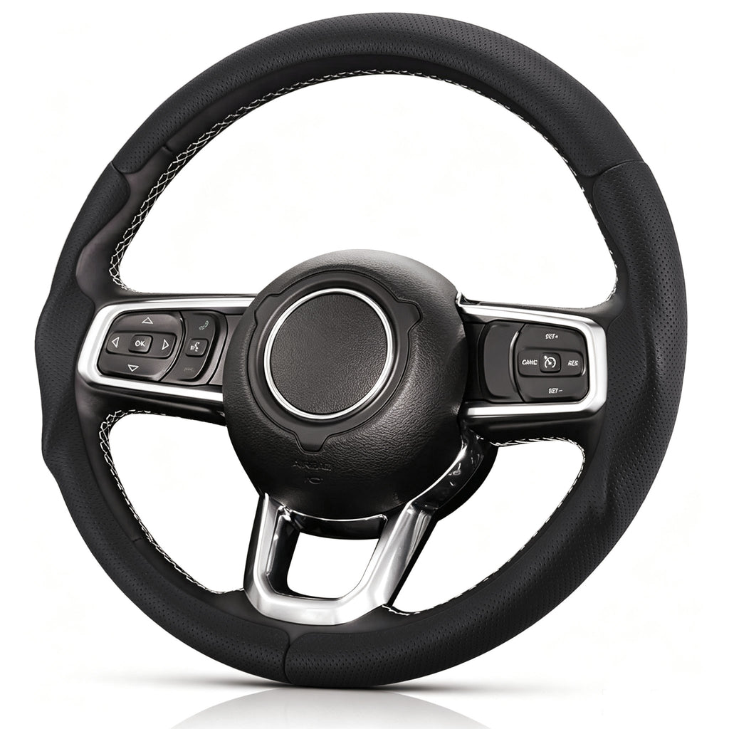 Angled front view of black perforated leather 3-piece steering wheel cover for Jeep Wrangler 2018-2026#color=black perforated leather