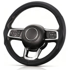 Angled front view of black perforated leather 3-piece steering wheel cover for Jeep Wrangler 2018-2026#color=black perforated leather