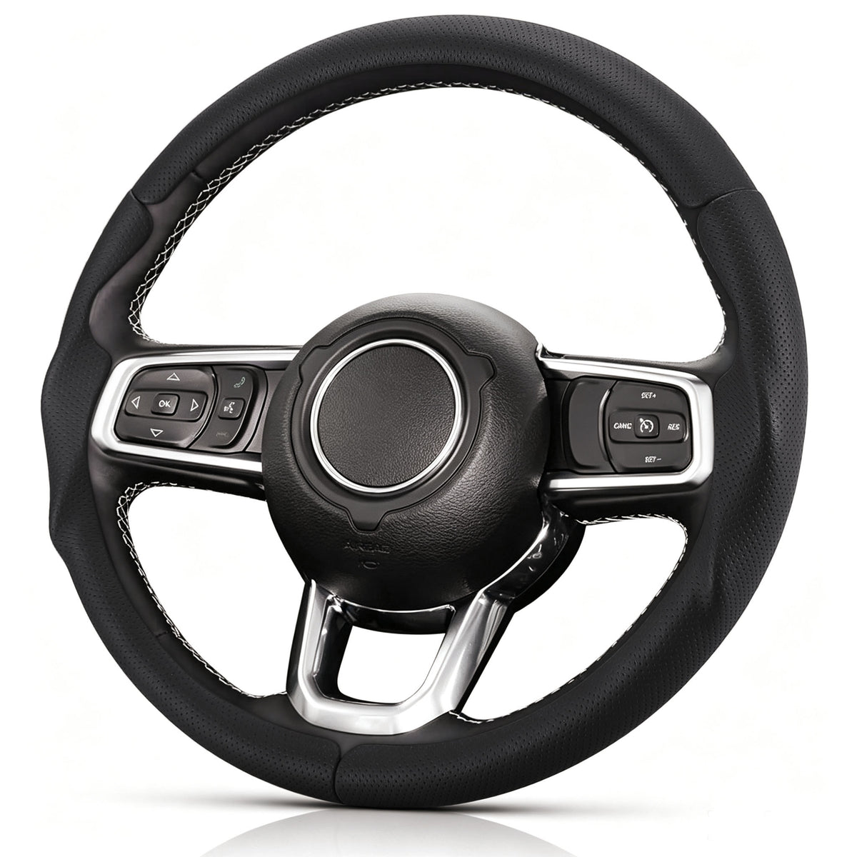 Angled front view of black perforated leather 3-piece steering wheel cover for Jeep Wrangler 2018-2026#color=black perforated leather