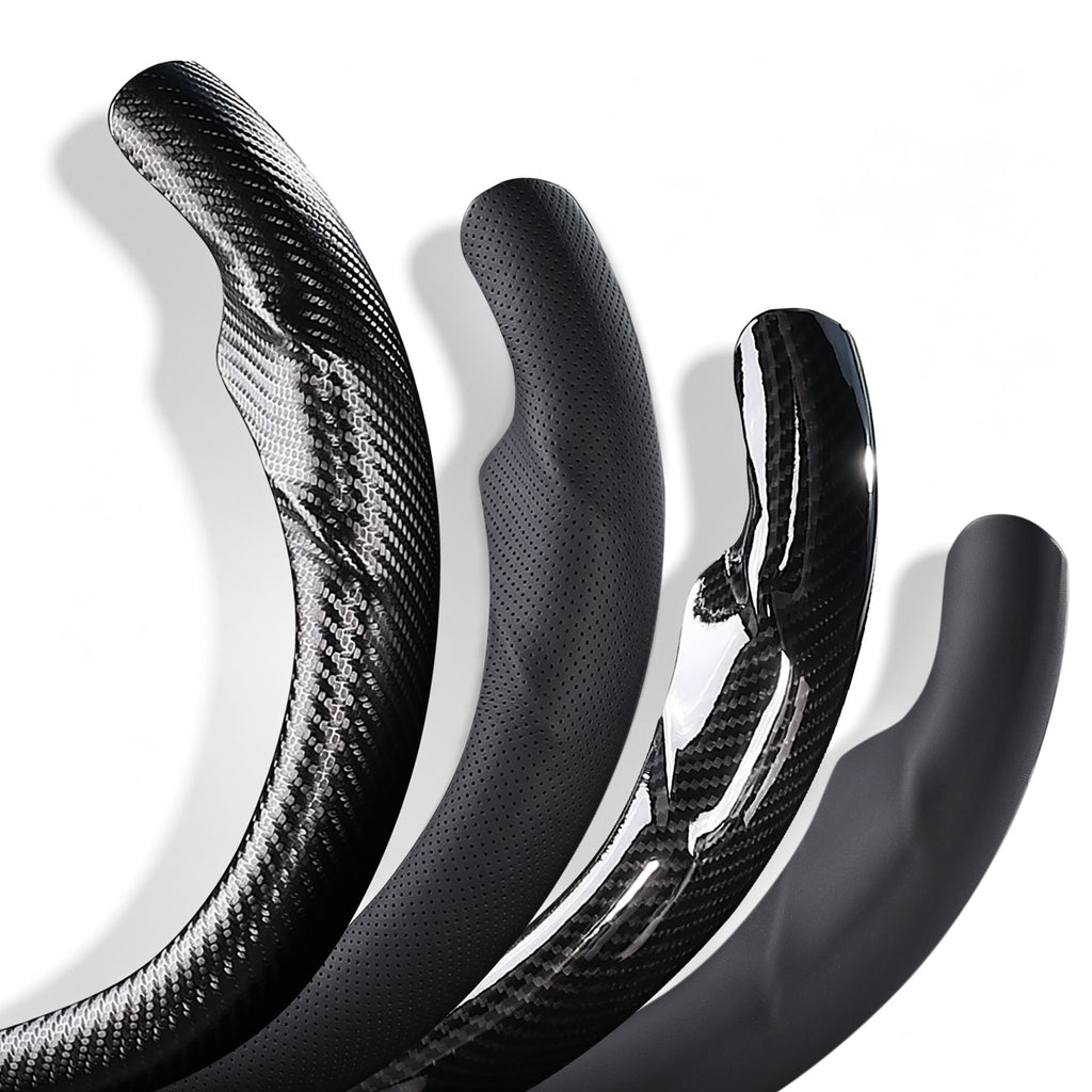 Close-up comparison of black leather and black carbon-fiber-style 3-piece steering wheel cover finishes for Tesla Model 3 2024-present#Model=Model 3 2024-present|color=black