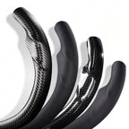 Close-up comparison of black leather and black carbon-fiber-style 3-piece steering wheel cover finishes for Tesla Model 3 2024-present#Model=Model 3 2024-present|color=black