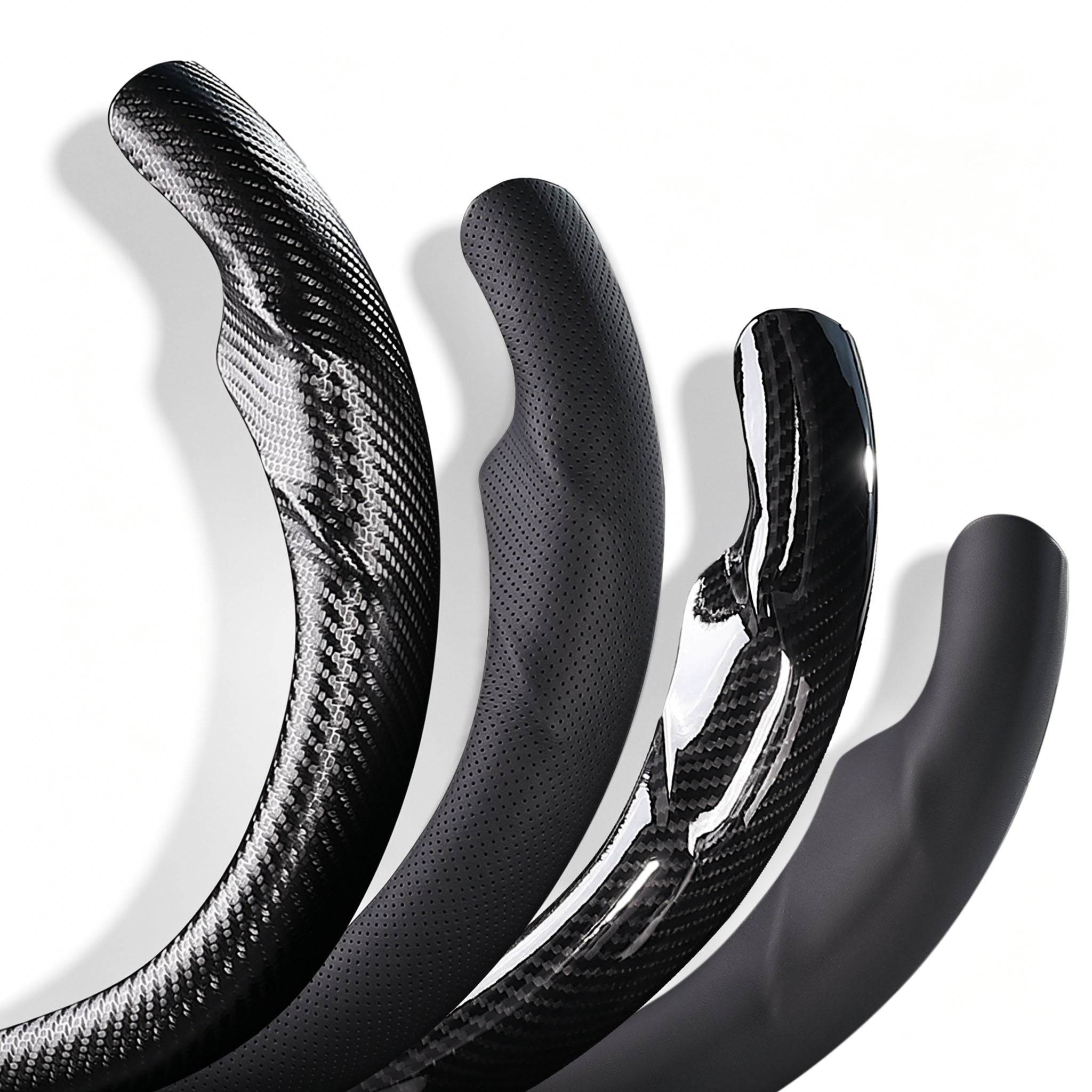 Close-up comparison of black leather and black carbon-fiber-style 3-piece steering wheel cover finishes for Tesla Model 3 2024-present#Model=Model 3 2024-present|color=black