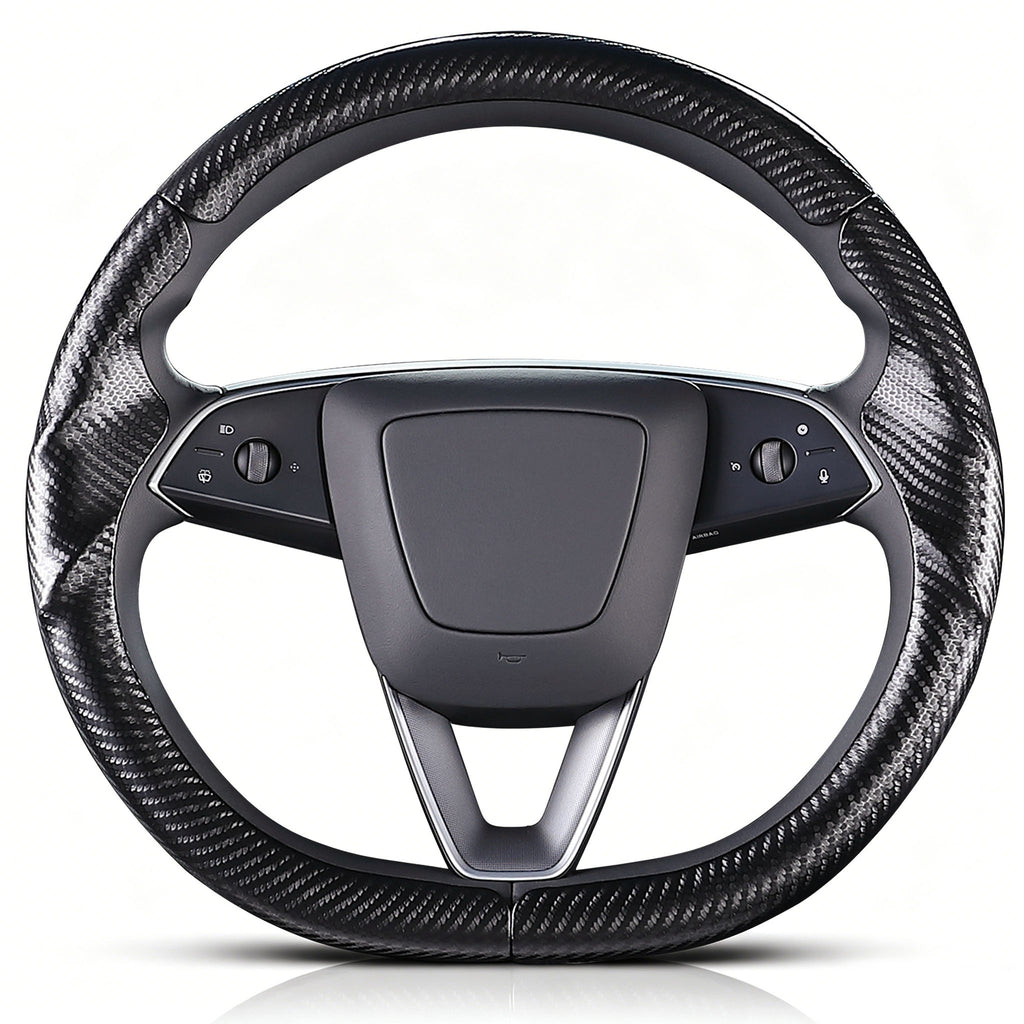 Front view of matte black carbon-fiber-style 3-piece steering wheel cover for Tesla Model 3 2024-present#Model=Model 3 2024-present|color=matte black