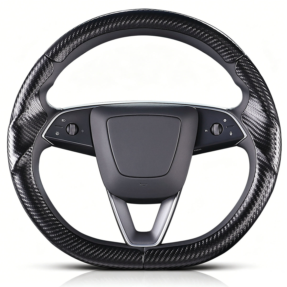 Front view of matte black carbon-fiber-style 3-piece steering wheel cover for Tesla Model 3 2024-present#Model=Model 3 2024-present|color=matte black