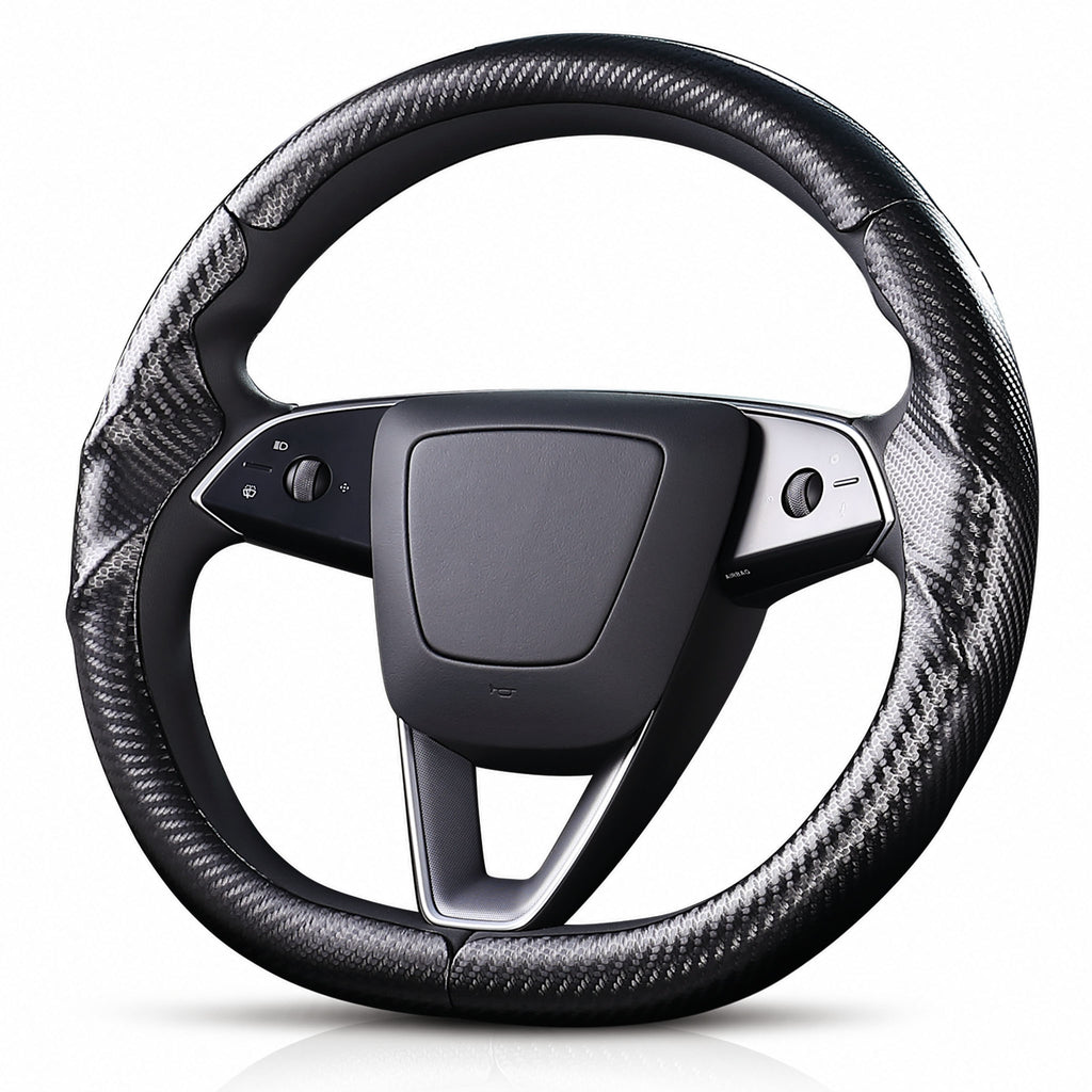 Angled front view of matte black carbon-fiber-style 3-piece steering wheel cover for Tesla Model 3 2024-present#Model=Model 3 2024-present|color=matte black