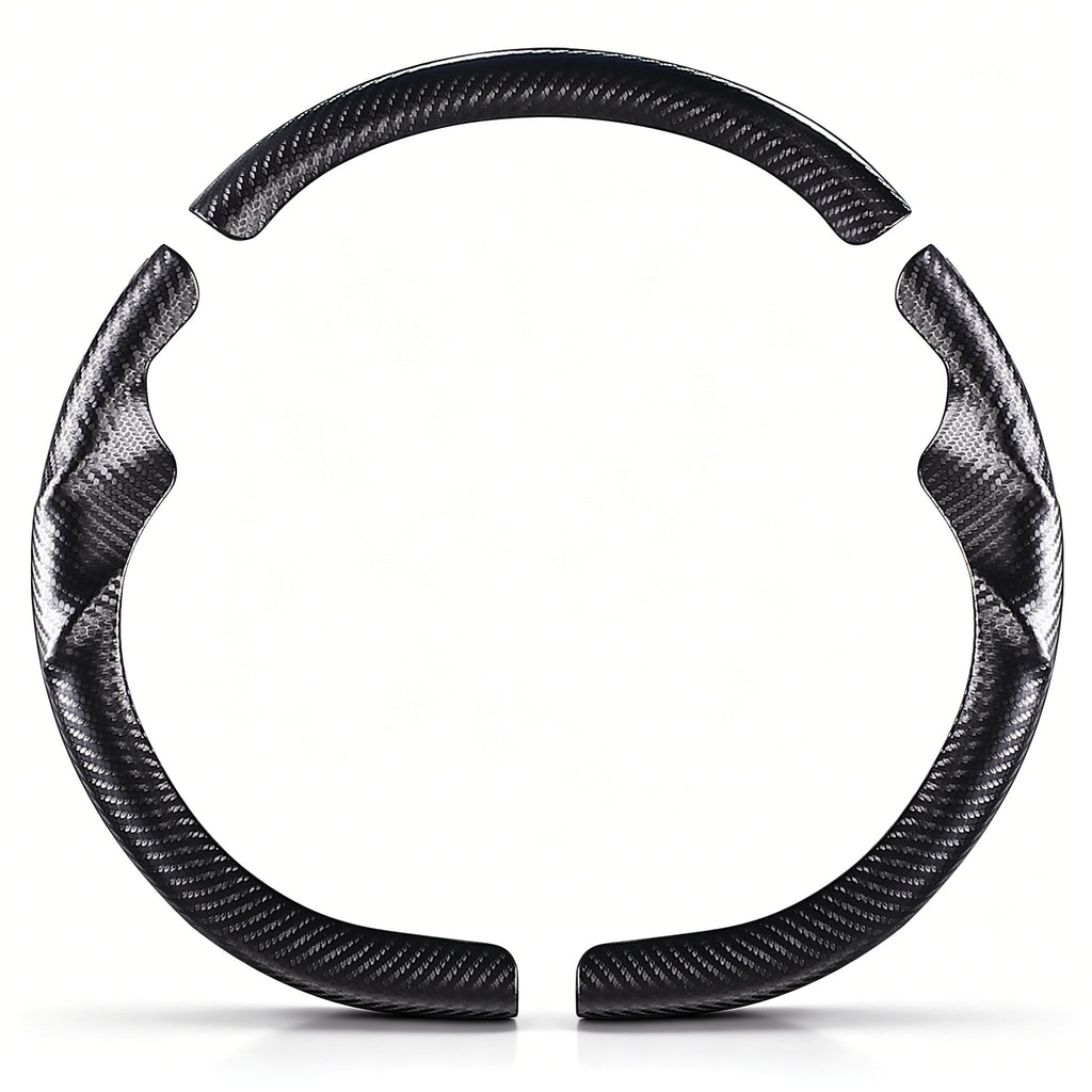 Front view of a matte black carbon-fiber-style 3-piece steering wheel cover set for Tesla Model 3 2024-present#Model=Model 3 2024-present|color=matte black