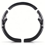Front view of a matte black carbon-fiber-style 3-piece steering wheel cover set for Tesla Model 3 2024-present#Model=Model 3 2024-present|color=matte black