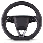 Front view of black perforated leather 3-piece steering wheel cover for Tesla Model 3 2024-present#Model=Model 3 2024-present|color=black perforated leather