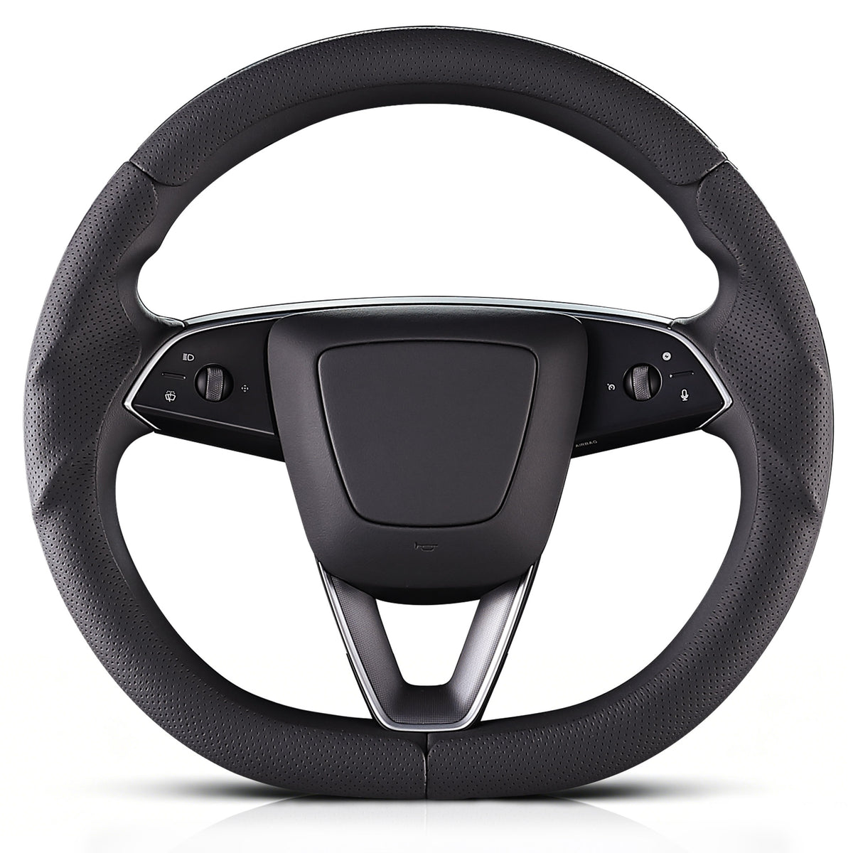 Front view of black perforated leather 3-piece steering wheel cover for Tesla Model 3 2024-present#Model=Model 3 2024-present|color=black perforated leather